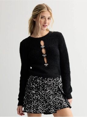 Madden Girl Rhinestone Bow Fuzzy Crewneck Sweater with Keyhole Cut Outs